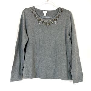 Chico's | Sweater Womens Large Gray Rhinestone Neckline Cotton Blend Chicos 2